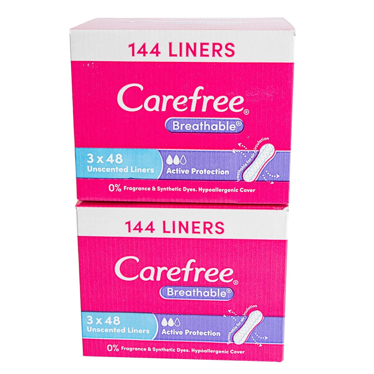 Carefree Breathable Panty Liners 144 Pack x 2 Packs Daily Feminine Hygiene 288 L