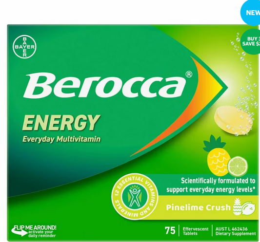 Berocca Pine Lime 75 Effervescent Tablets – Energy Vitamin B & C Supplement