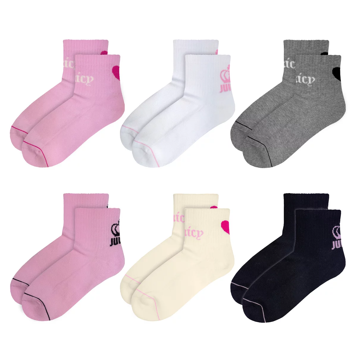 Juicy Couture Quarter Crew Women's Socks 6 Pack Pink Cushioned Comfort