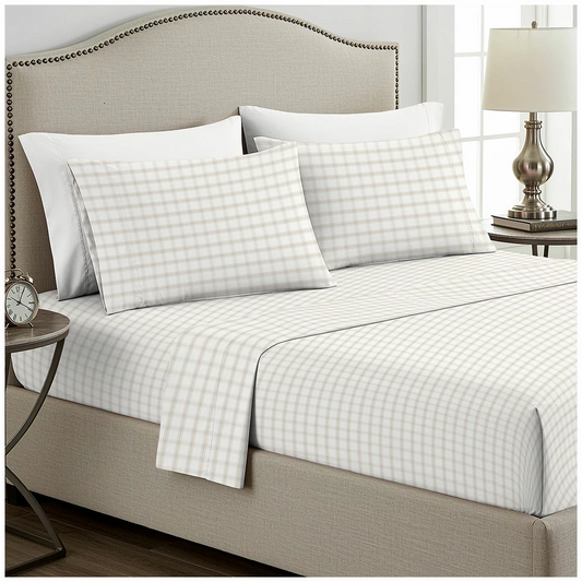 King Single Cotton Flannel Sheet Set 3 Piece Soft Warm Brown Beige Plaid