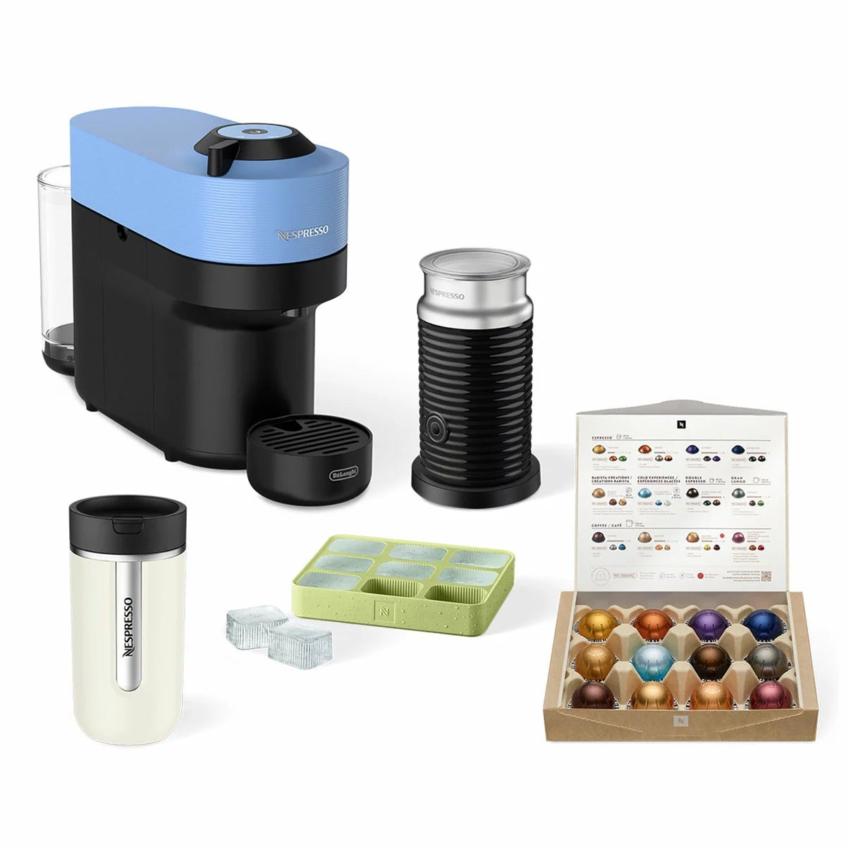 DeLonghi Vertuo Pop Nespresso Coffee Machine Blue Milk Frother Travel Mug