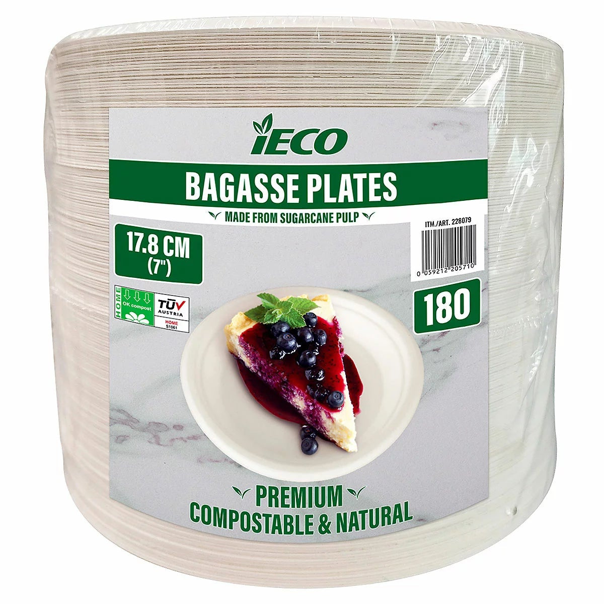 IECO 17.8cm Bagasse Compostable Plates 180 Pack Eco Friendly White Disposable