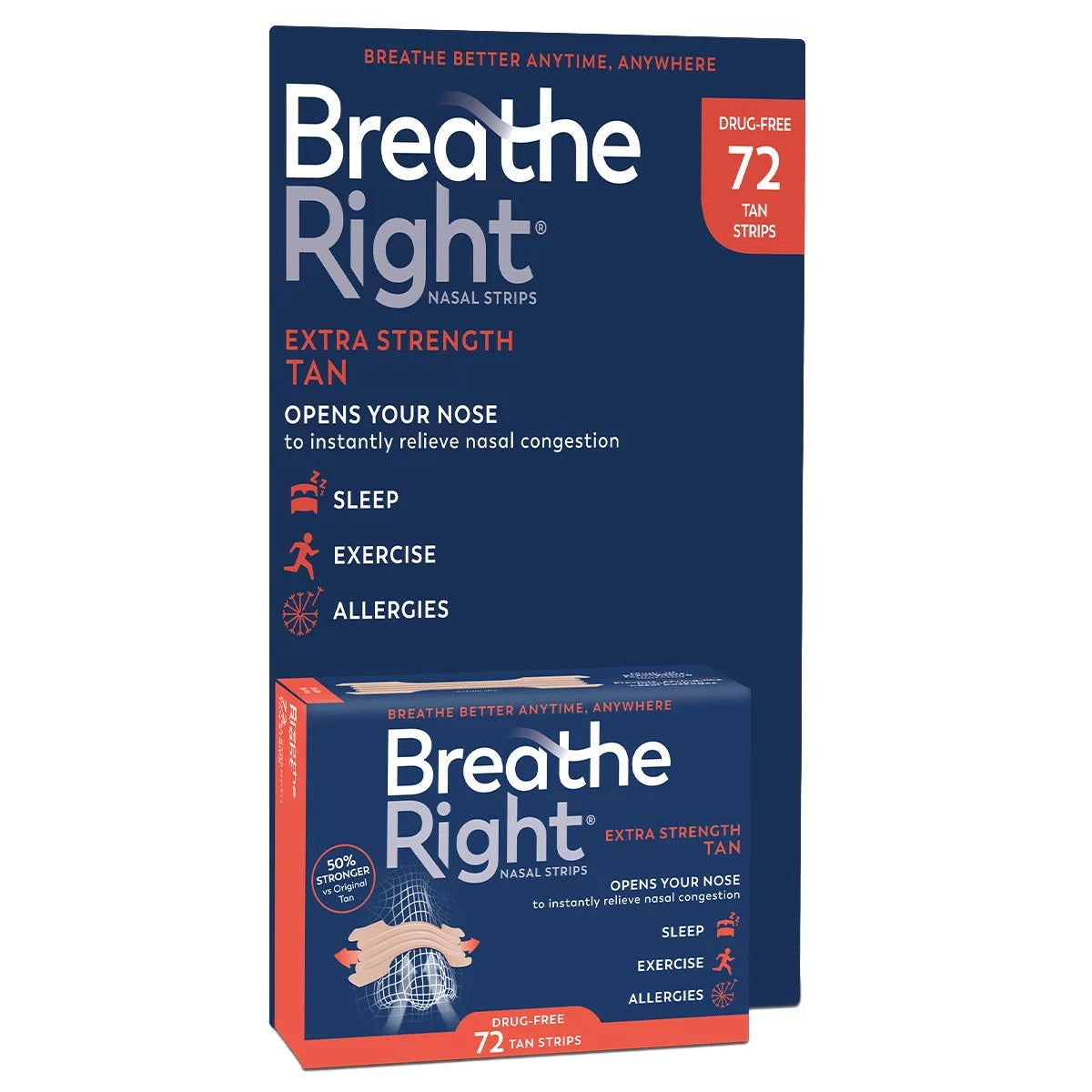 Breathe Right Nasal Strips Extra Strength Tan 72 Pack Drug Free Nose Breathing