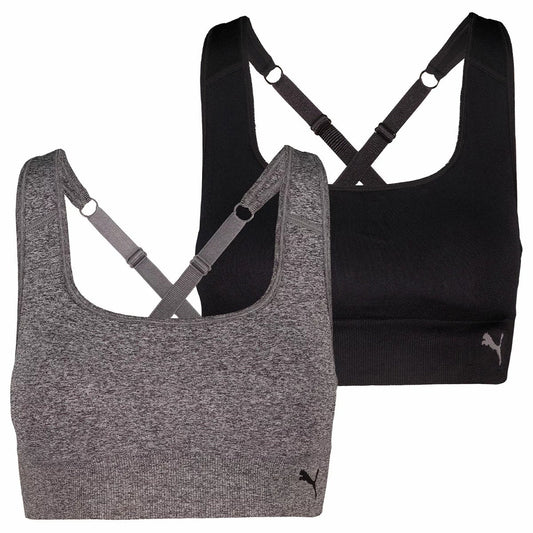 PUMA Women's Seamless Sports Bra 2 Pack Black Grey US Small Adjustable