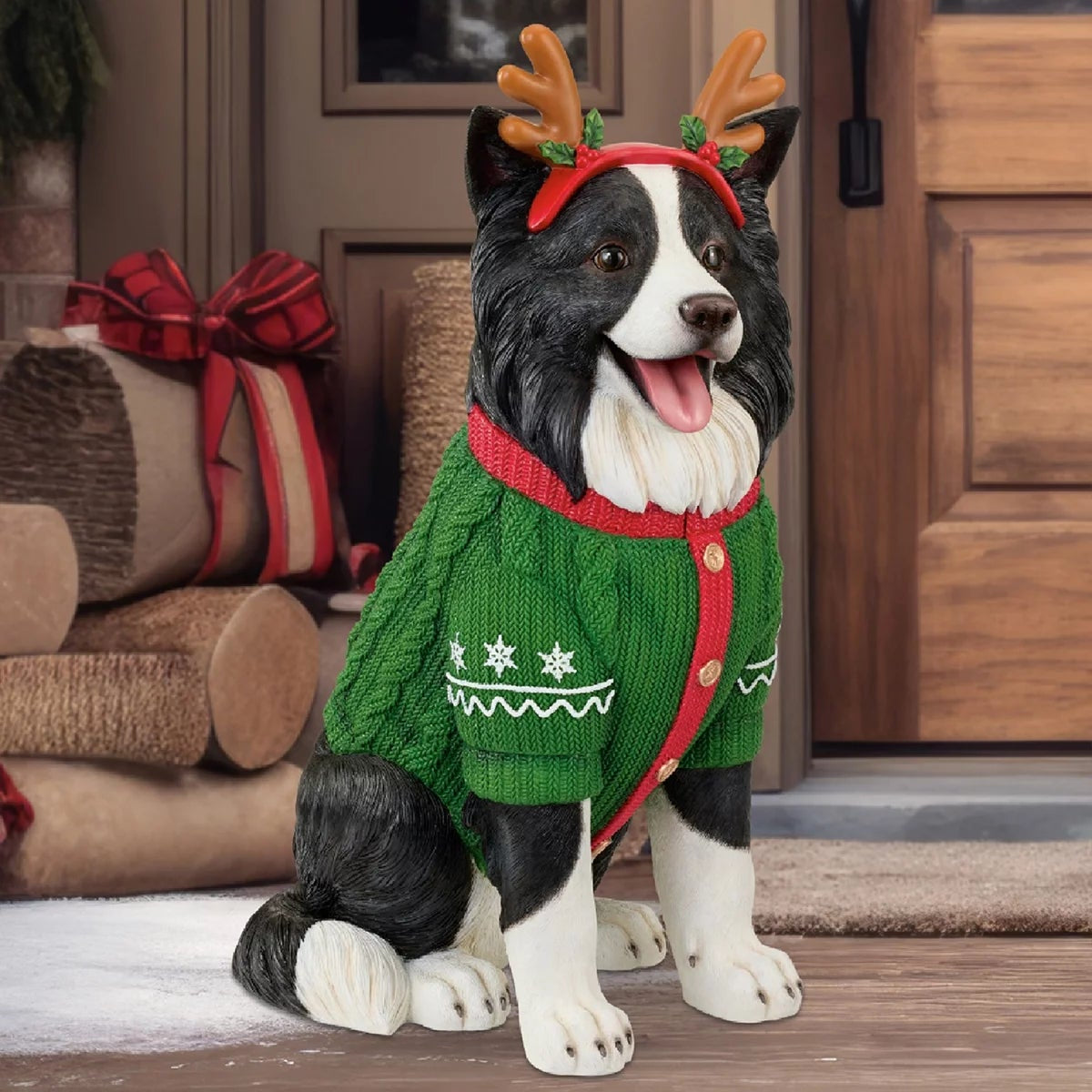 Christmas Border Collie Dog Greeter Resin Holiday Statue Indoor Decor
