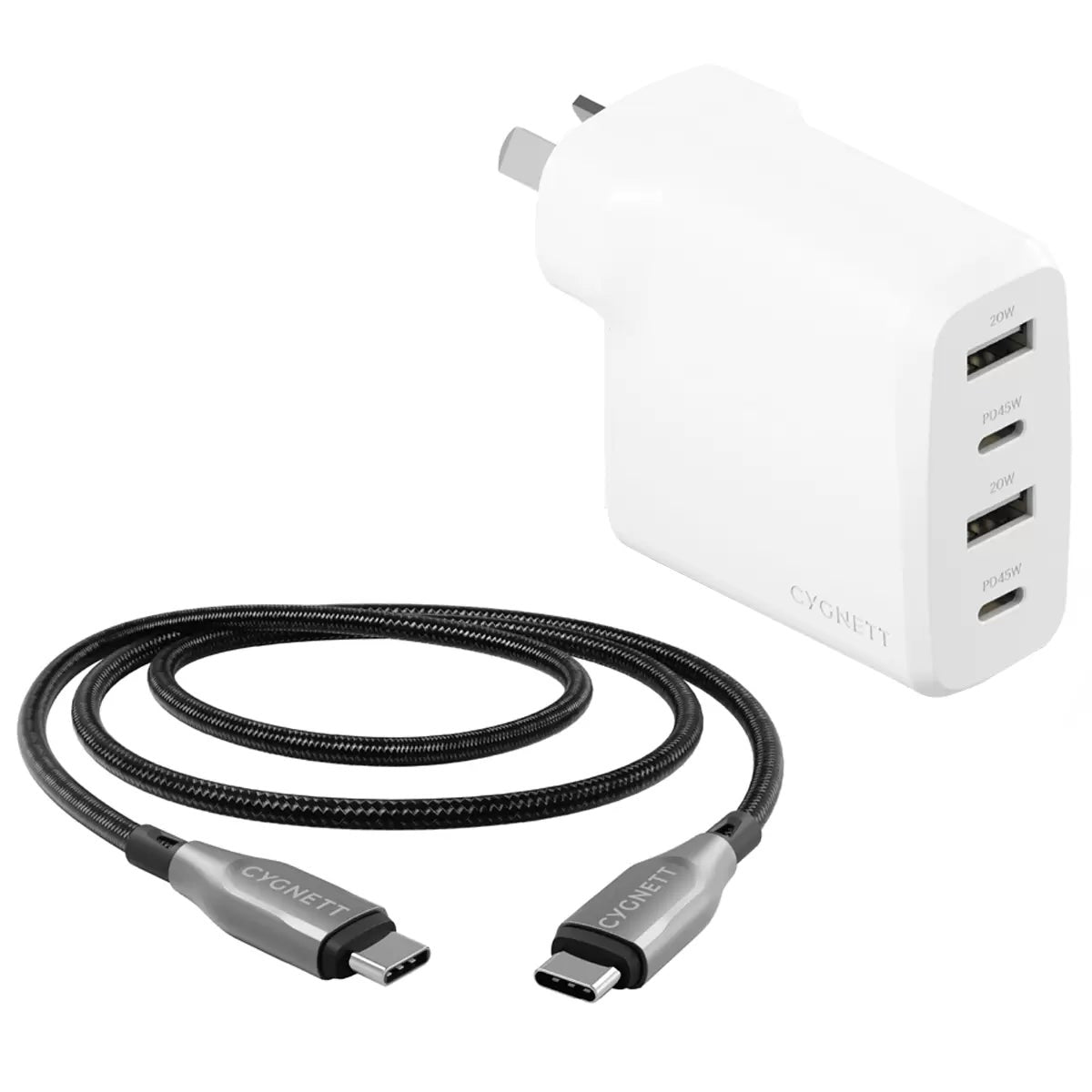 Cygnett 45W USB-C Multiport Charger & 2M Armoured Cable Bundle