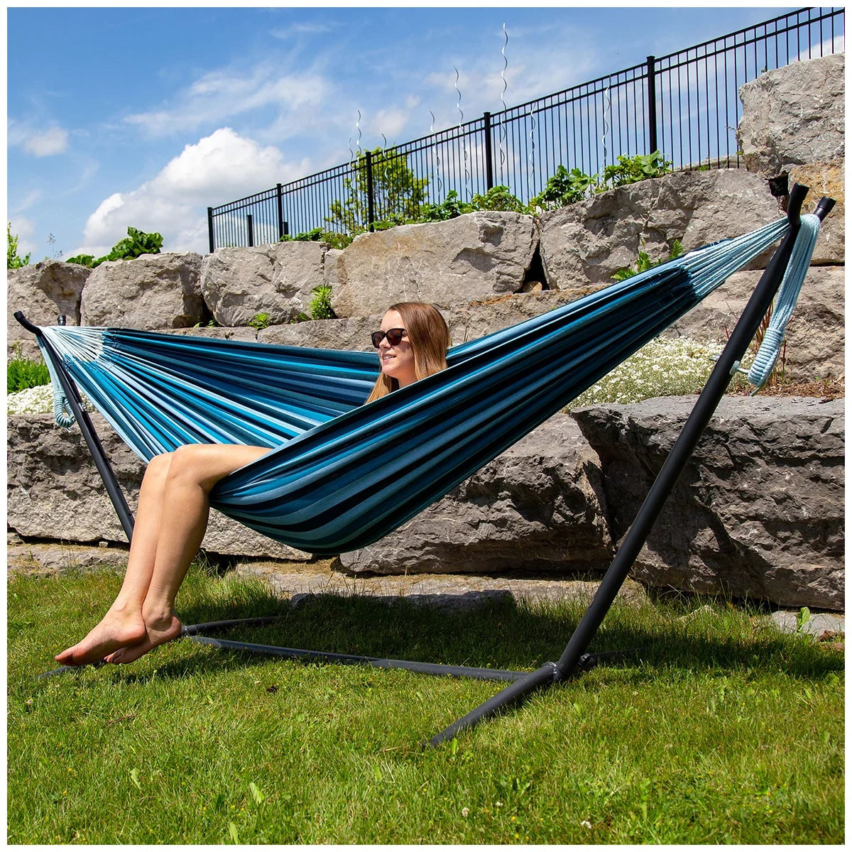 Vivere Cotton Double Hammock with Steel Stand Blue Lagoon 204kg