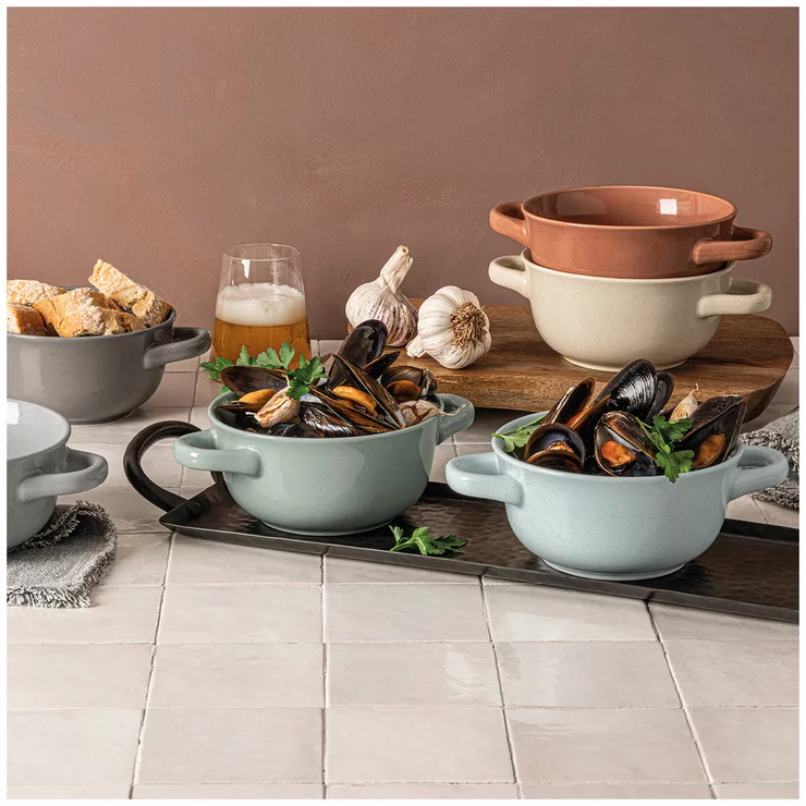 over&back Soup Bowls with Handle 6 Piece Stoneware Set Microwave Safe