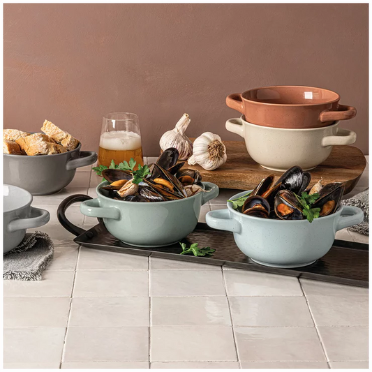 over&back Soup Bowls with Handle 6 Piece Stoneware Set Microwave Safe