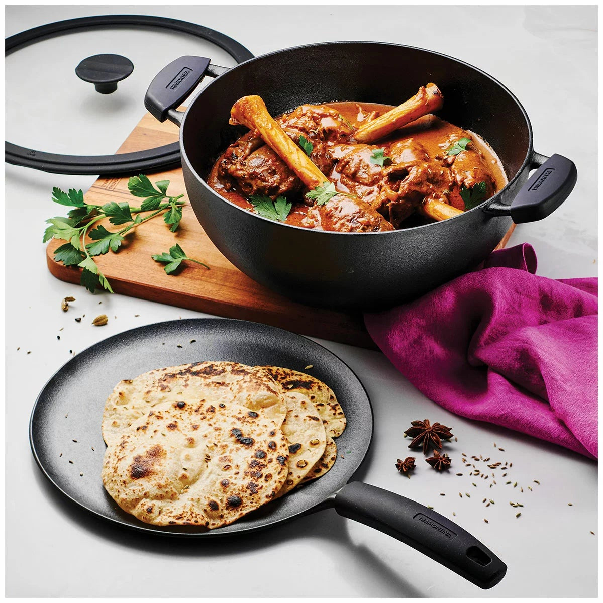 Tramontina Cast Iron Kadai & Tawa 3 Piece Set Induction Oven Safe 6.6L Cookware