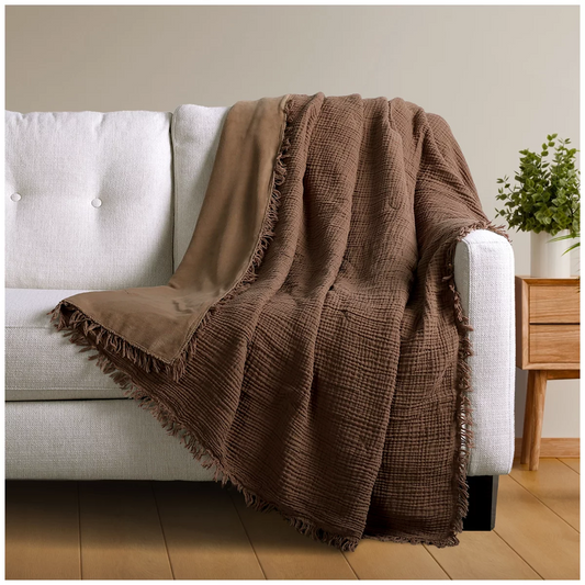 Life Comfort Reversible Cotton to Plush Throw Brown Soft Cozy Blanket 152x177cm