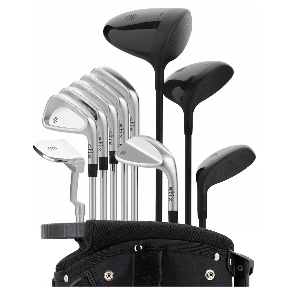 Stix 10 Piece Black Golf Club Set Right Hand Driver Stand Bag & Headcovers