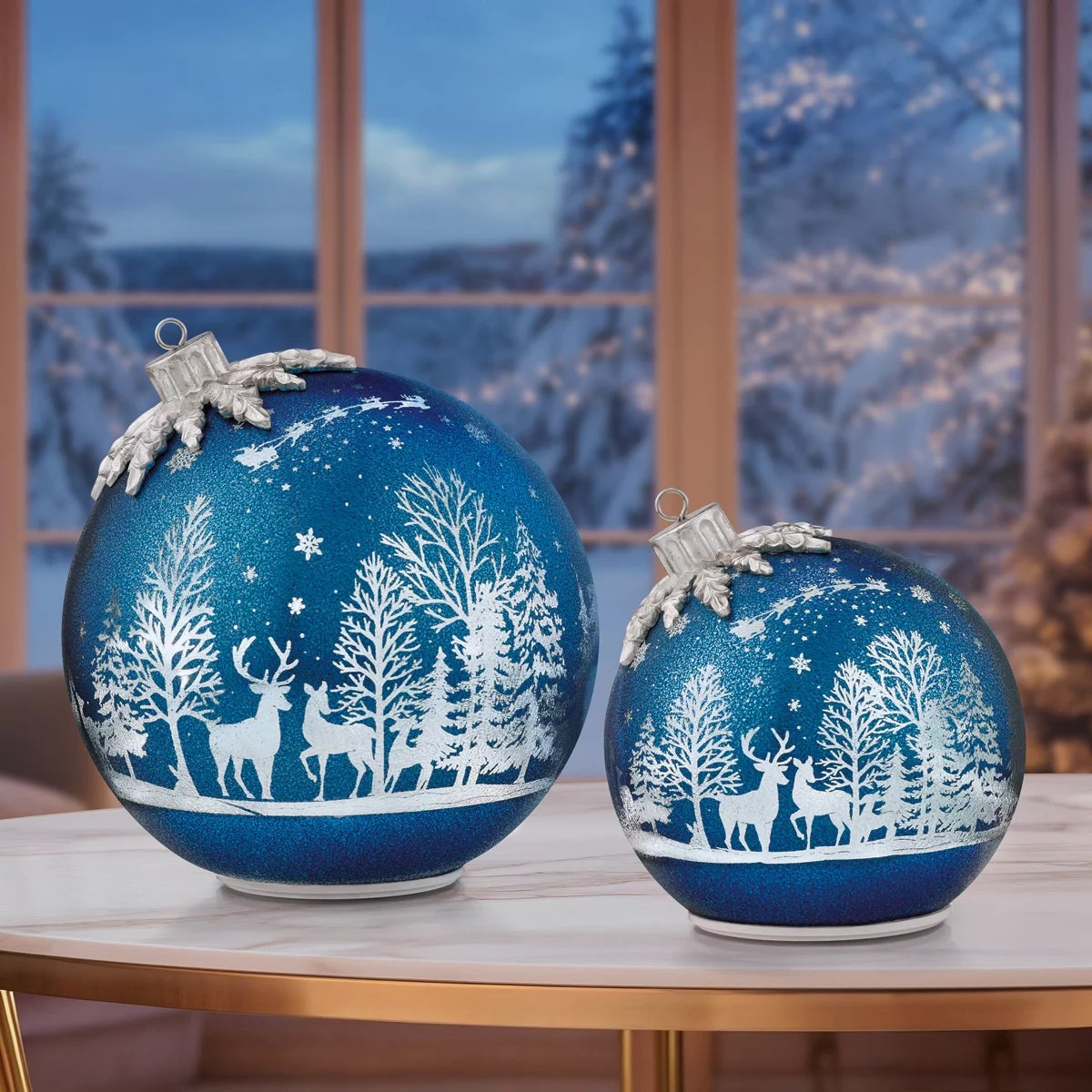 Seasonal Rotating Glass Balls 2 Piece Set Blue Decorative Christmas Decor