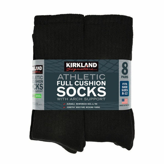 Kirkland Signature Men's Black Athletic Socks 8 Pairs US Size 8-12