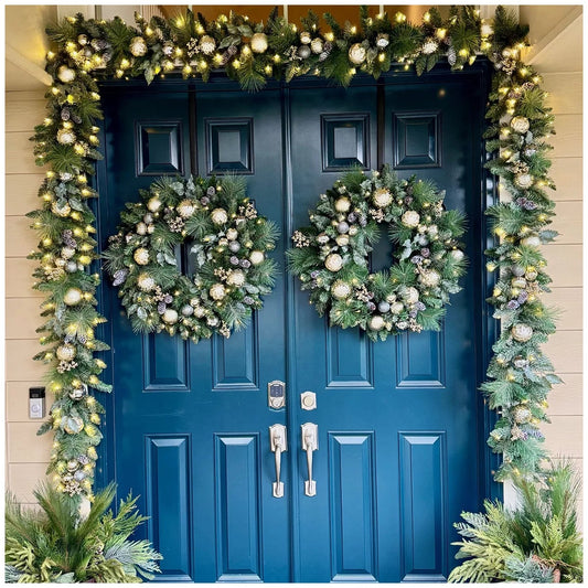 Pre-Lit Christmas Wreath 76cm Metallic Artificial Holiday Door Decor