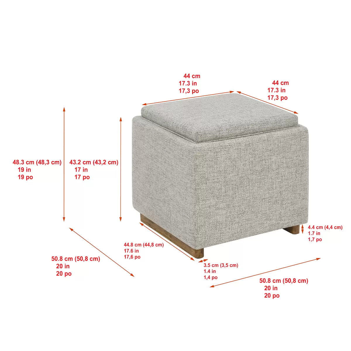 Thomasville Fabric Storage Ottoman Grey Footstool Wooden Tray Hidden Storage