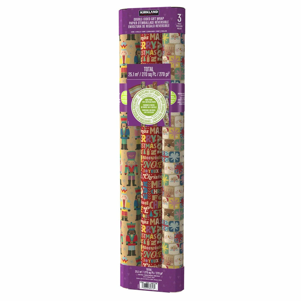 Kirkland Brights Kraft Christmas Gift Wrap 3 Rolls Double Sided Printed 69cm