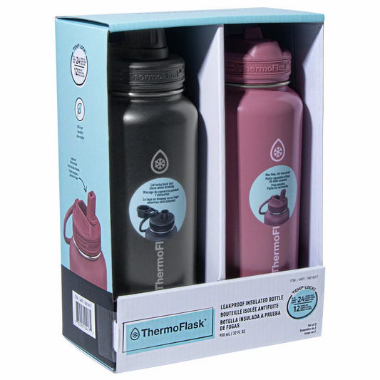 ThermoFlask Stainless Steel Bottles 950ml 2 Pack Black Red Insulated BPA Free