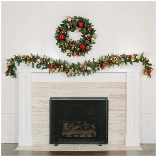 2.7M Pre-Lit Red Christmas Garland 90 LED Decorated Holiday Greenery