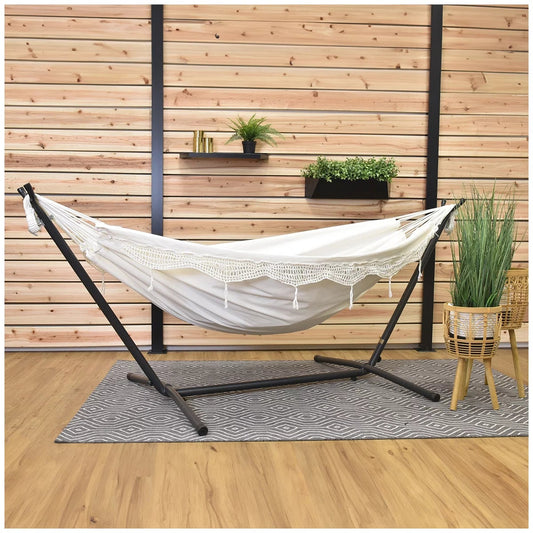 Vivere Cotton Double Hammock with Steel Stand Natural 204kg