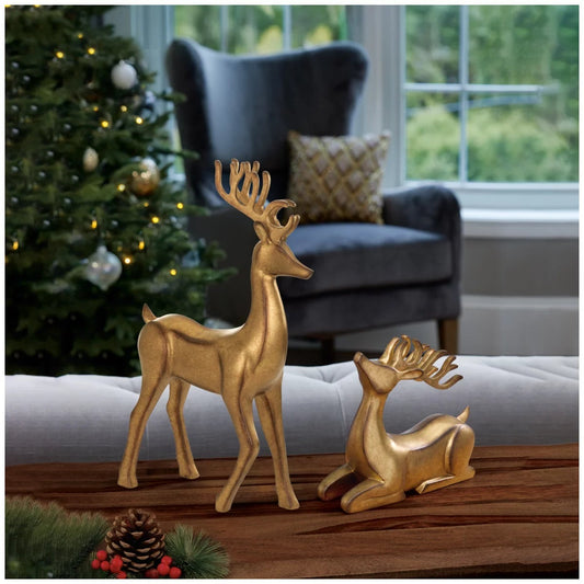 Gold Resin Reindeer Christmas Decor Set 2pc Tabletop Holiday Home Decoration
