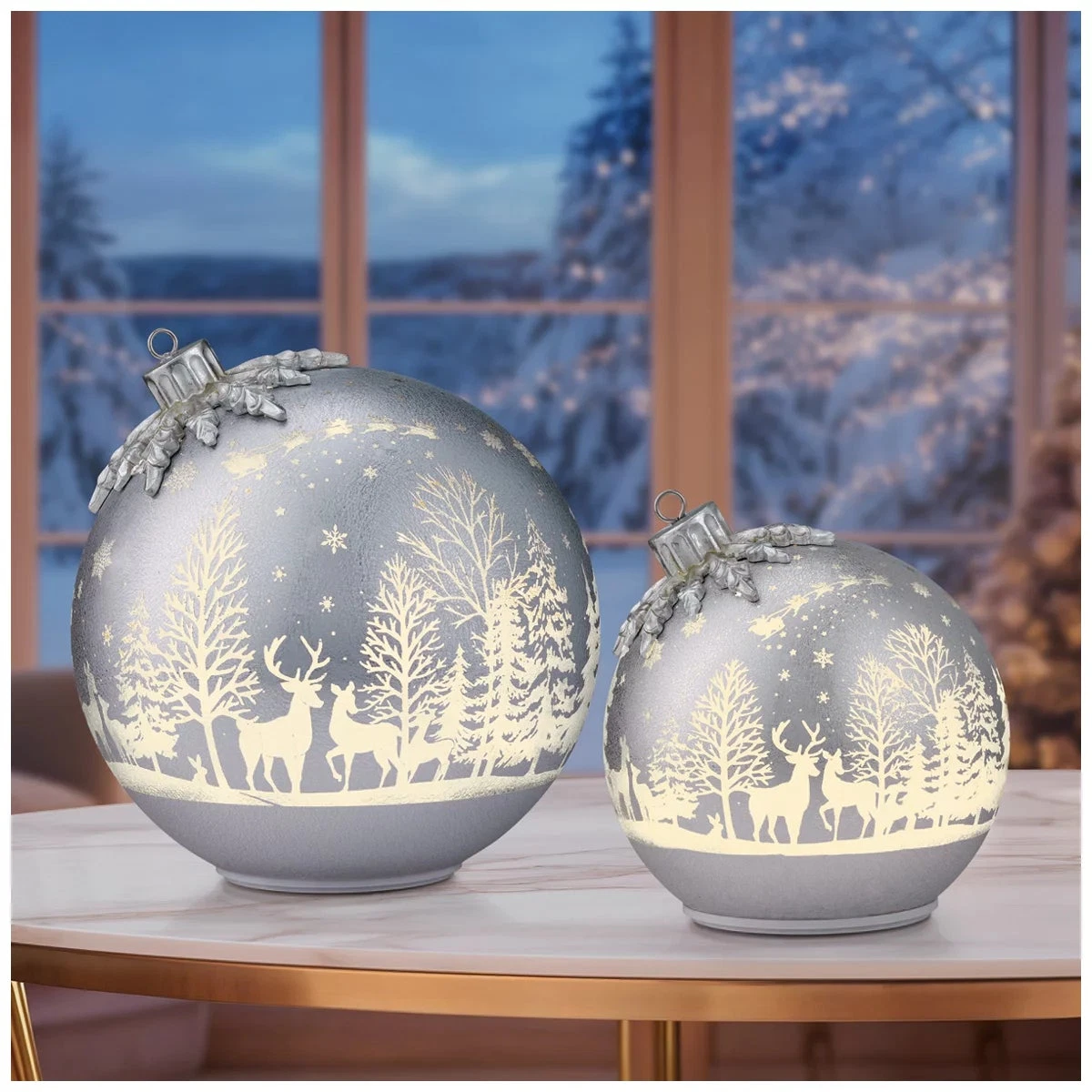 Seasonal Rotating Glass Balls 2pc Silver LED Christmas Holiday Home Decor
