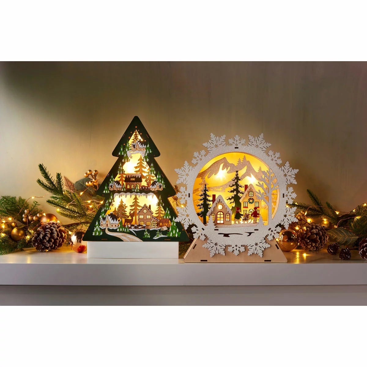 Wooden Christmas Tree & Snowflake 2PCS Xmas Holiday Tabletop Display W/ Timer