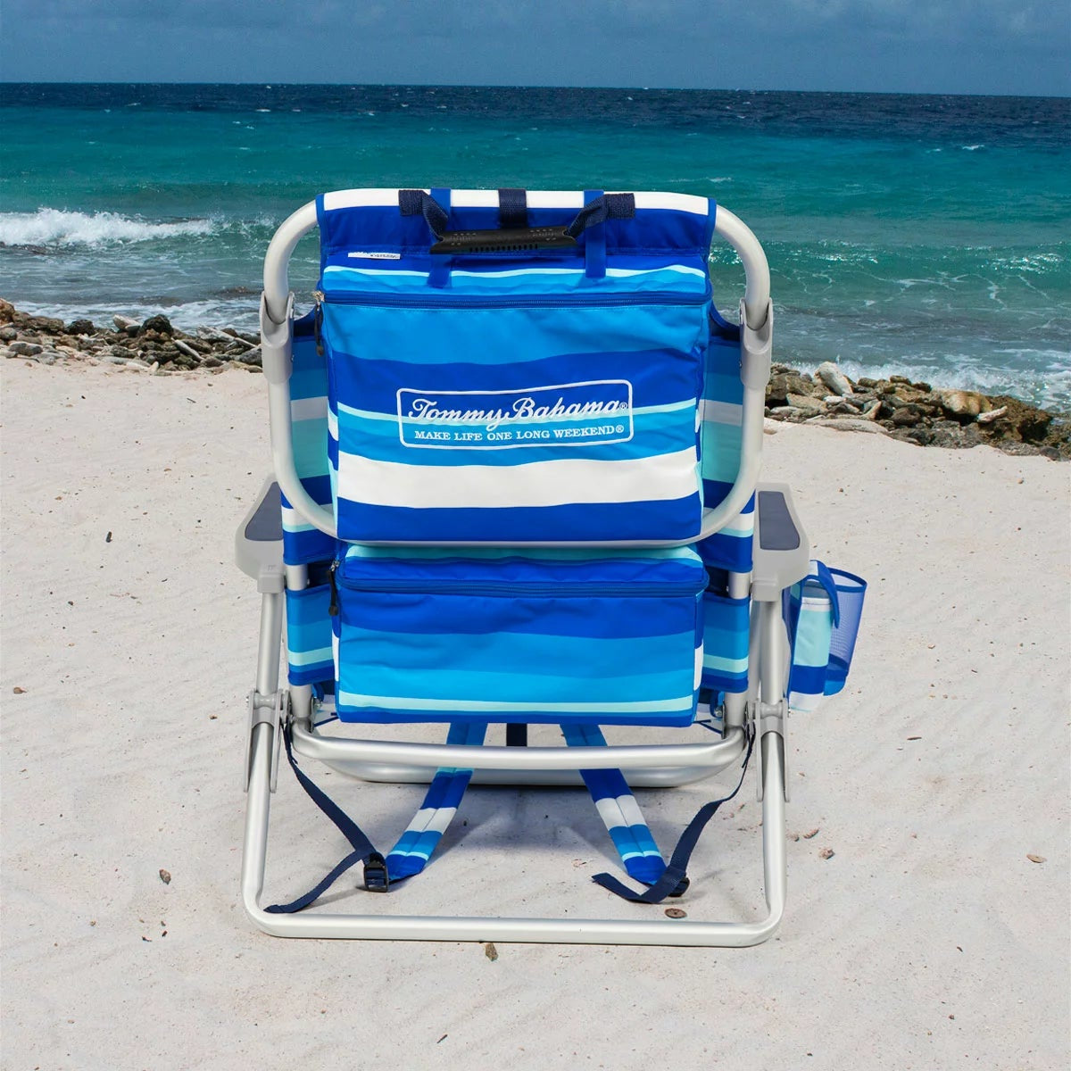 Tommy Bahama 5 Position Folding Backpack Beach Chairs Green Blue Stripe 2 Pack