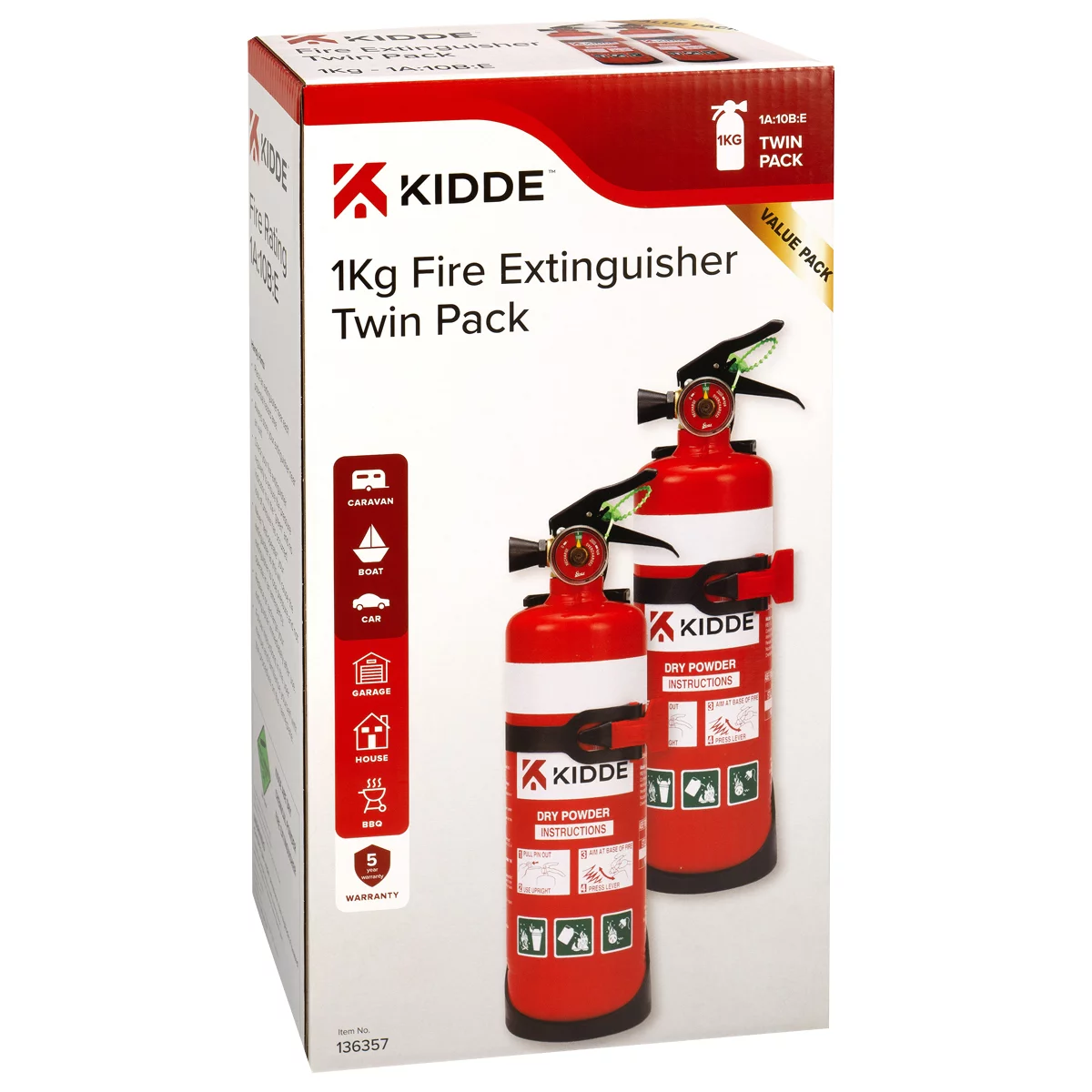 Kidde 1kg Fire Extinguisher Twin Pack 1A10BE Multi Purpose Safety Protection