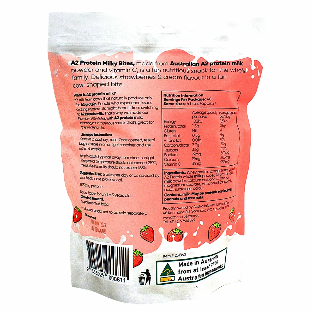 Ozi Choice A2 Milky Bites Strawberry & Cream High Protein Snack 400g