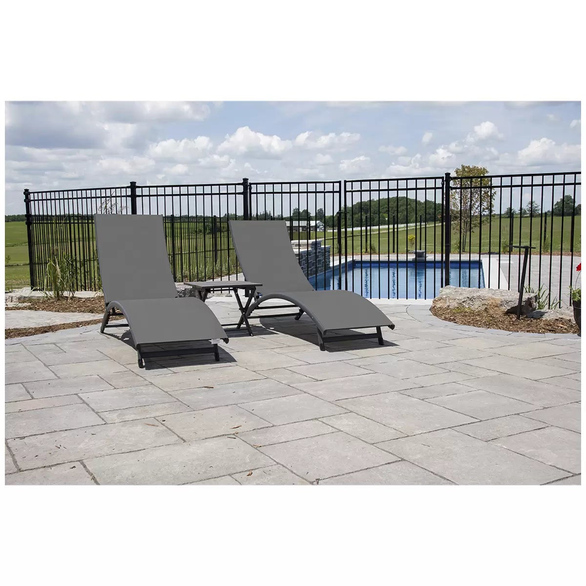 Vivere Coral Springs Chaise Lounge Set 2 Chairs+ Side Table Dark Grey 5 Position