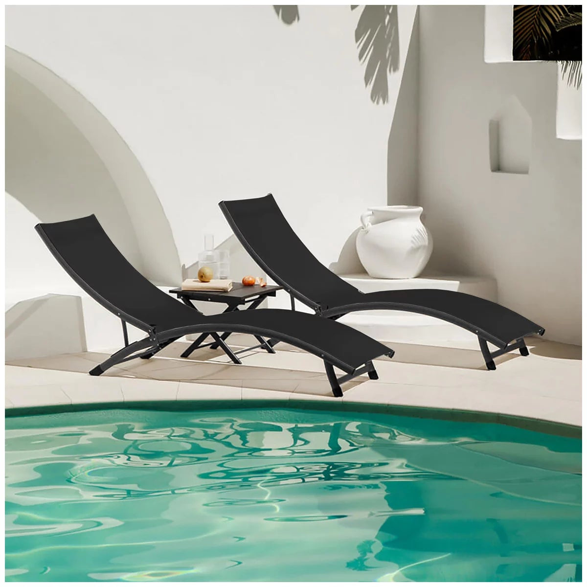 Vivere Coral Springs Chaise Lounge Set 2 Chairs+ Side Table Black 5 Position
