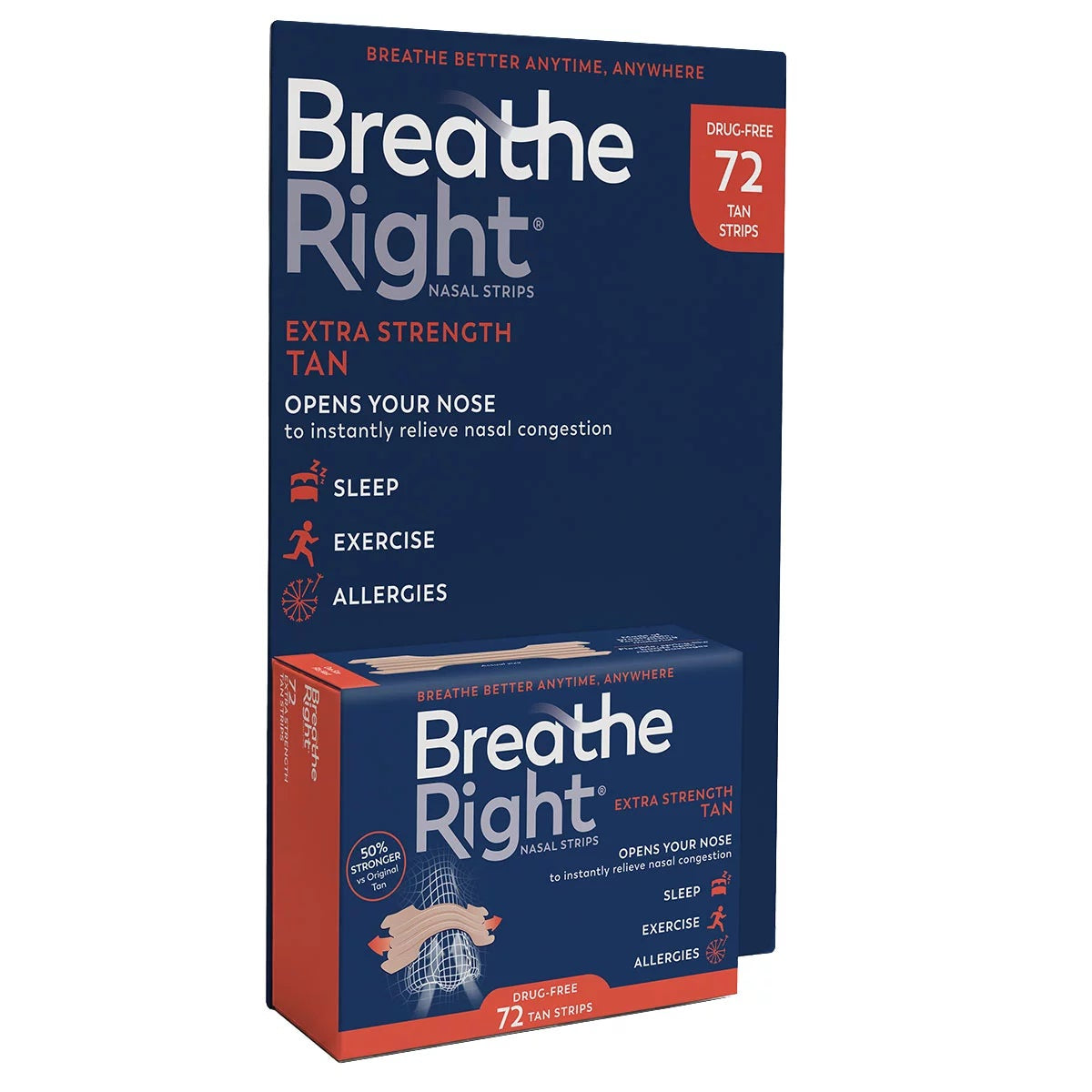 Breathe Right Nasal Strips Extra Strength Tan 72 Pack Drug Free Nose Breathing