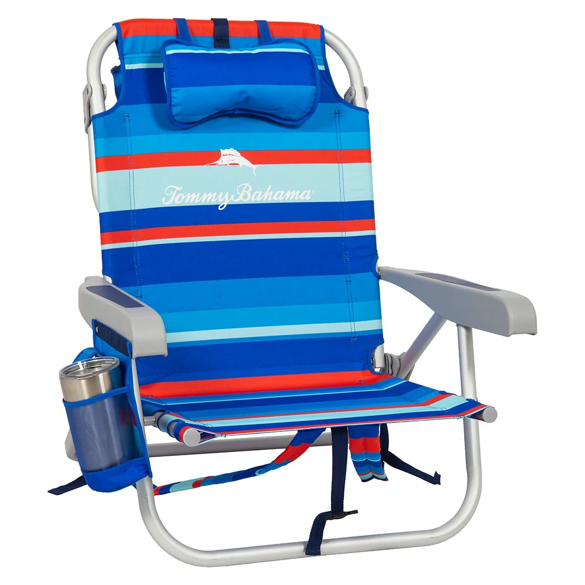 Tommy Bahama 5 Position Folding Backpack Beach Chairs Red Blue Stripe 2 Pack
