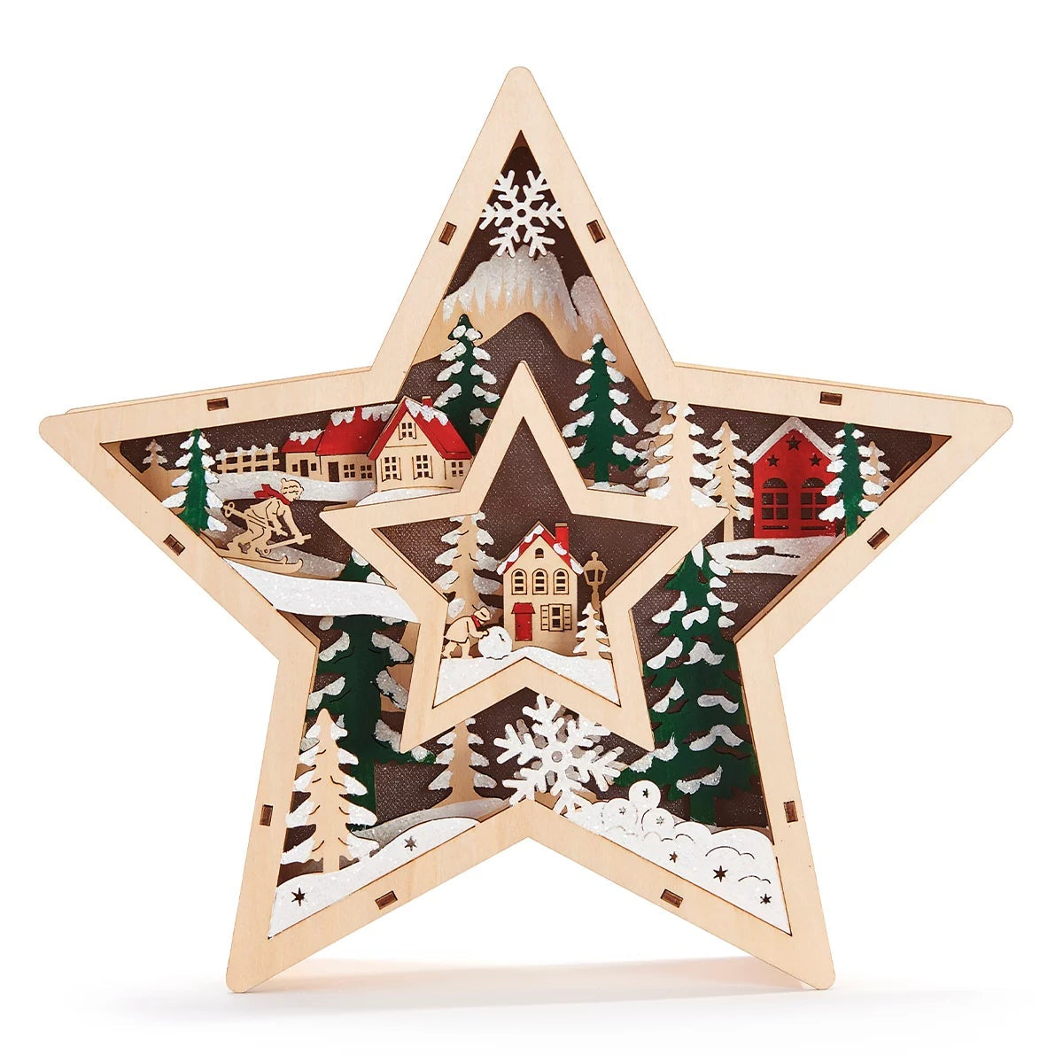 Wooden Christmas 2pc Ornament Star Set Xmas Holiday Tabletop Display With Timer