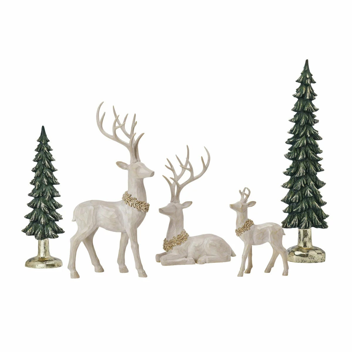 Christmas Deer & Trees 5 Piece Holiday Decorations Statue Set Resin Indoor Decor