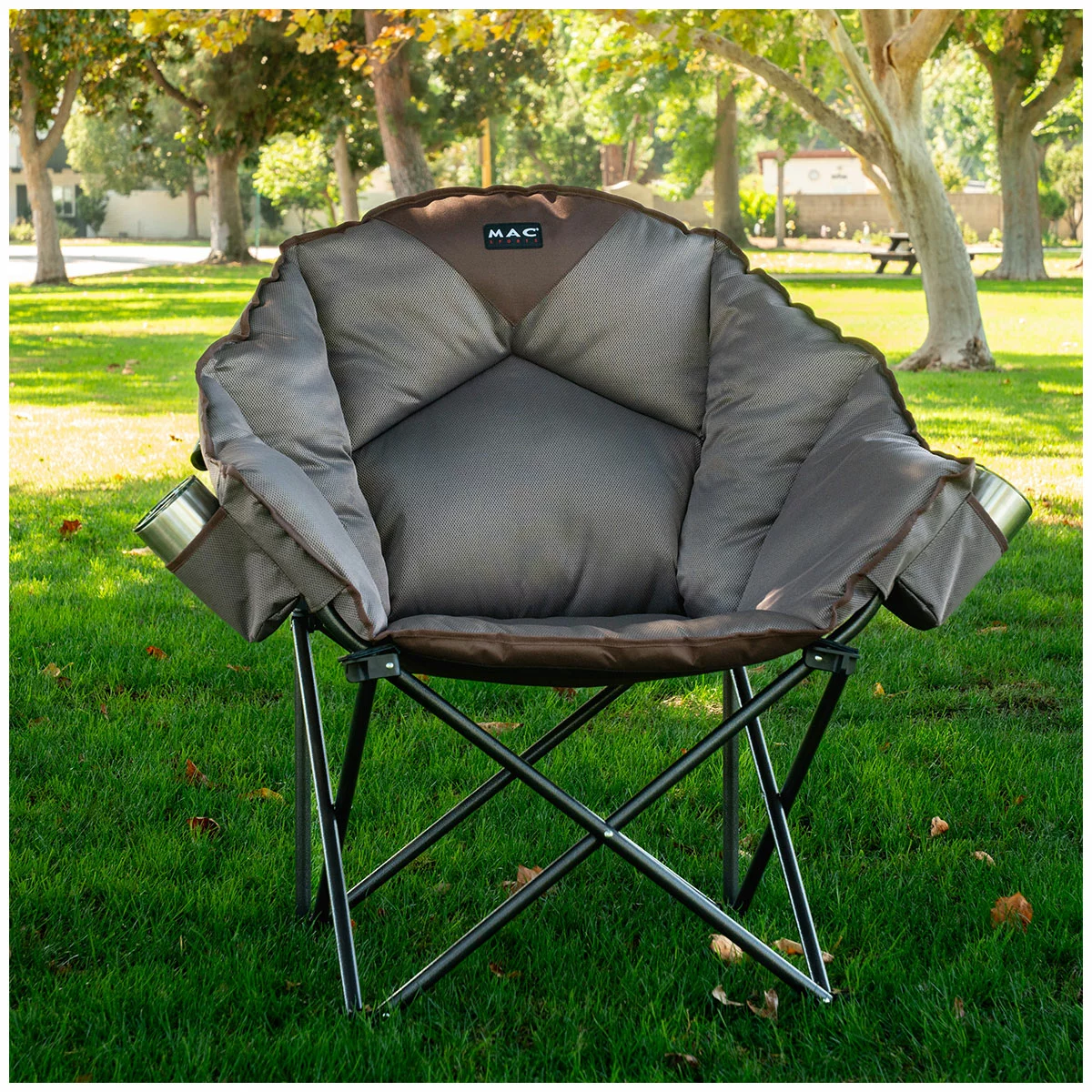 Mac Sports Extra Padded Foldable Moon Club Chair Brown Heavy Duty Outdoor 227kg