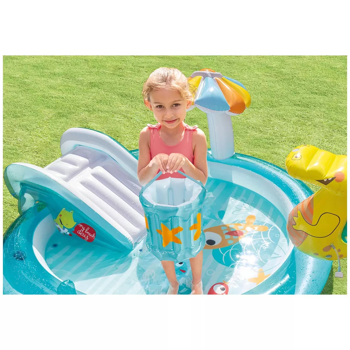 INTEX Gator Inflatable Play Centre Kids Pool Water Slide& Sprayer Mushroom Shade