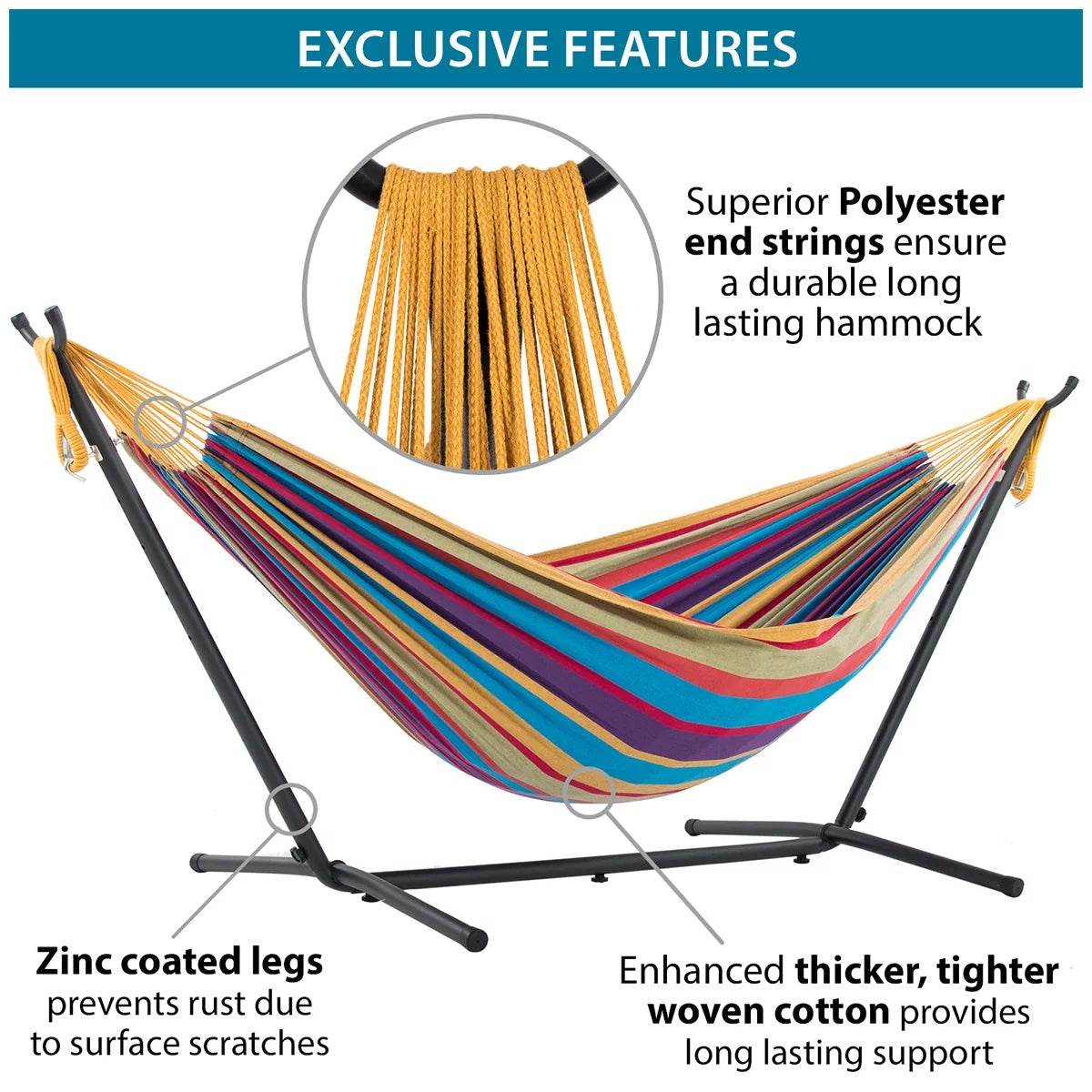 Vivere Cotton Double Hammock with Steel Stand Blue Lagoon 204kg