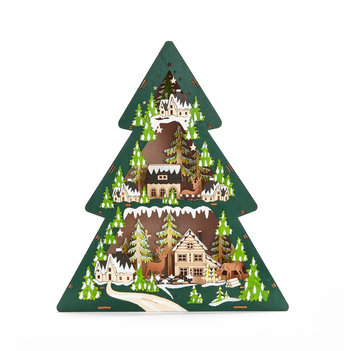 Wooden Christmas Tree & Snowflake 2PCS Xmas Holiday Tabletop Display W/ Timer