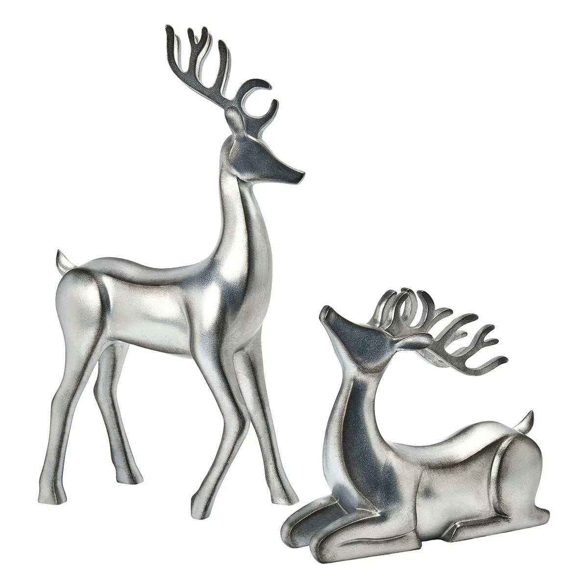 Silver Resin Reindeer Christmas Decor Set 2pc Tabletop Holiday Home Decoration
