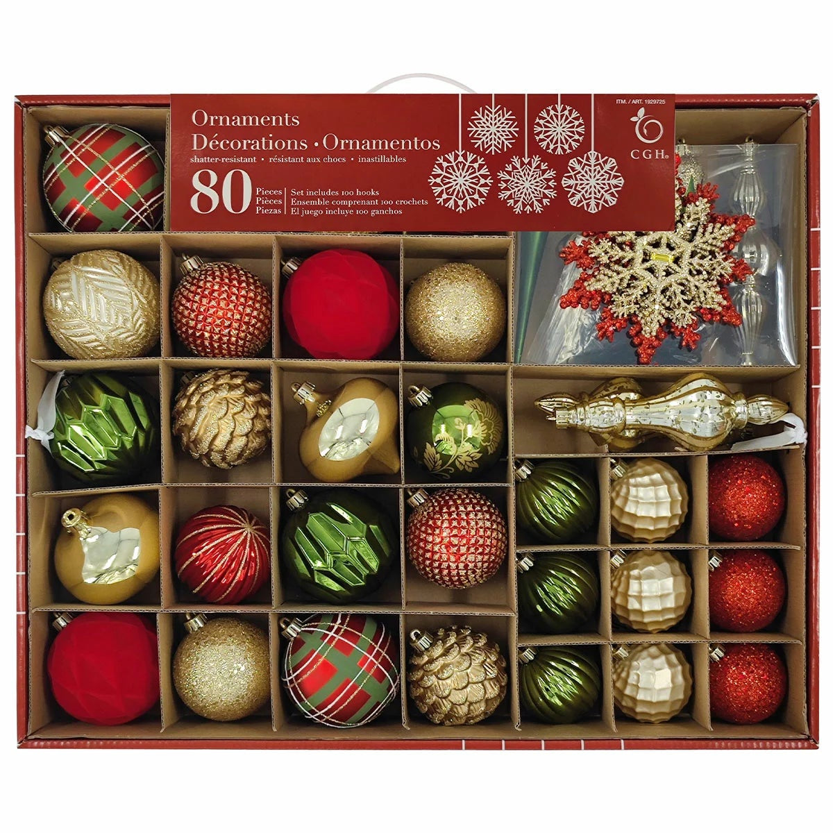 80 Piece Red Green Christmas Ornament Set Shatter Resistant Holiday Tree Decor