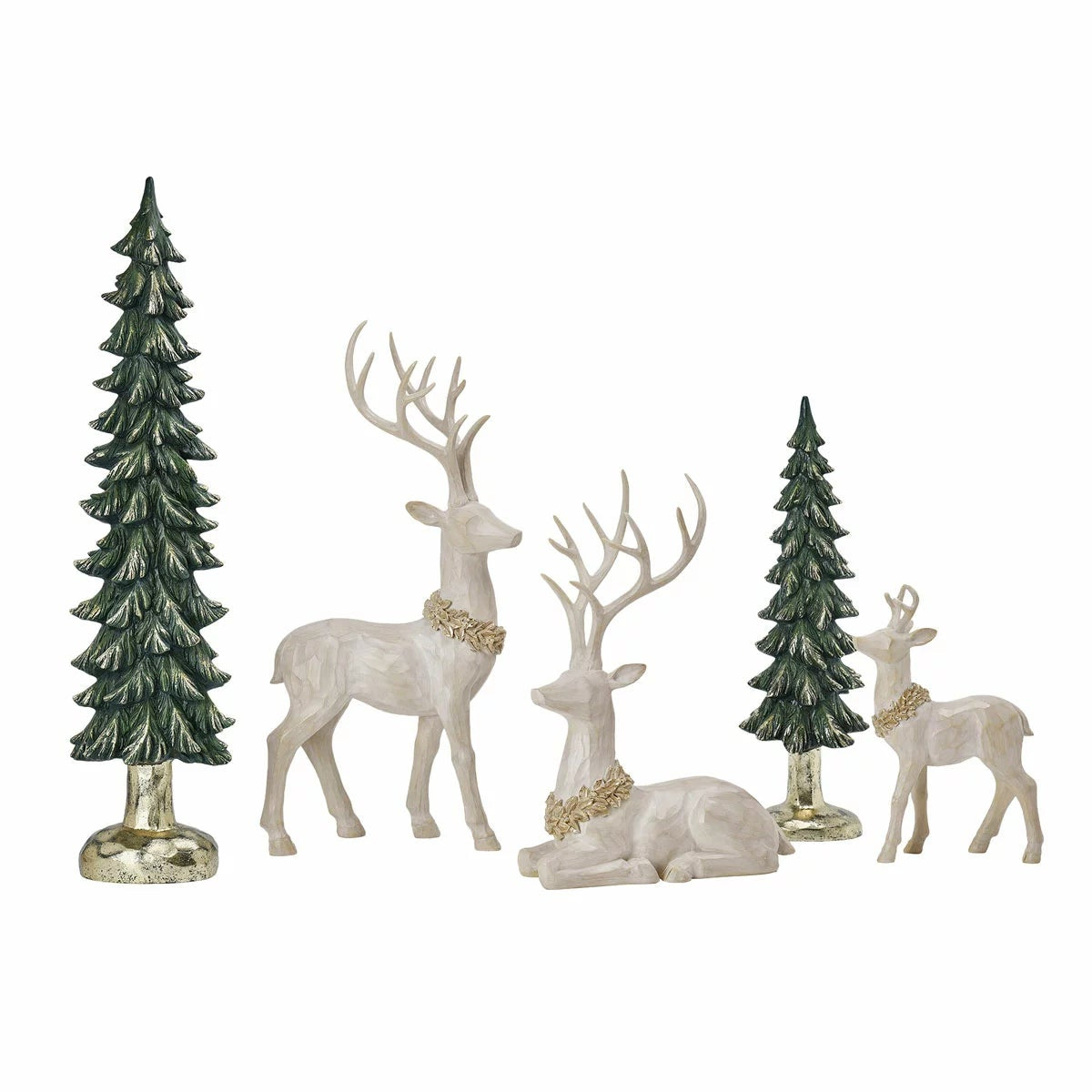 Christmas Deer & Trees 5 Piece Holiday Decorations Statue Set Resin Indoor Decor