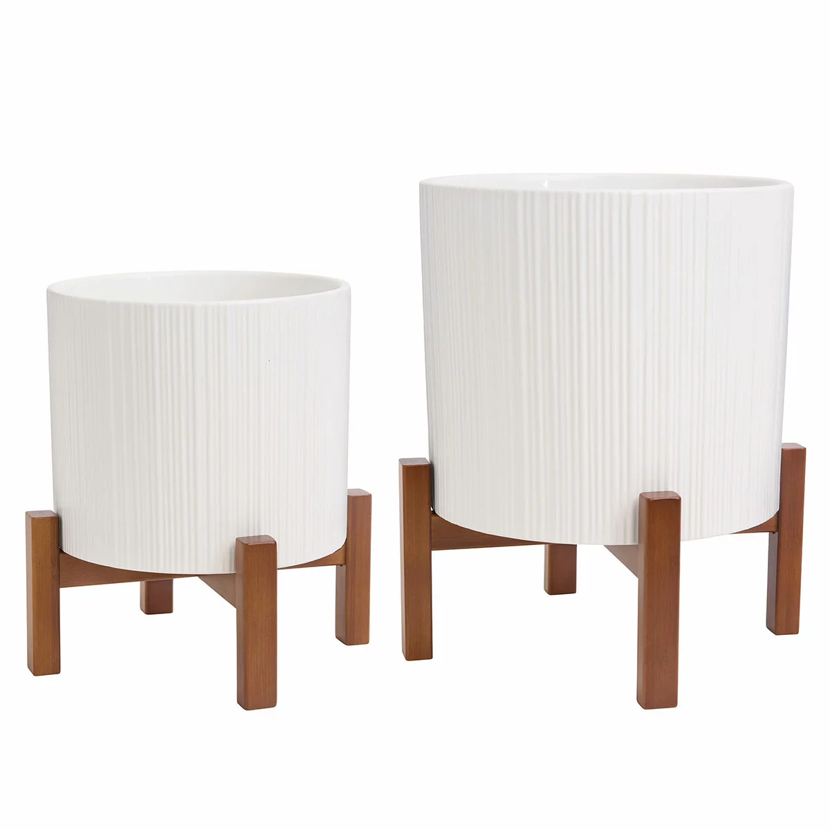 Ceramic Planters On Stand Set Of 2 White Round Indoor Planter & Bamboo Stand