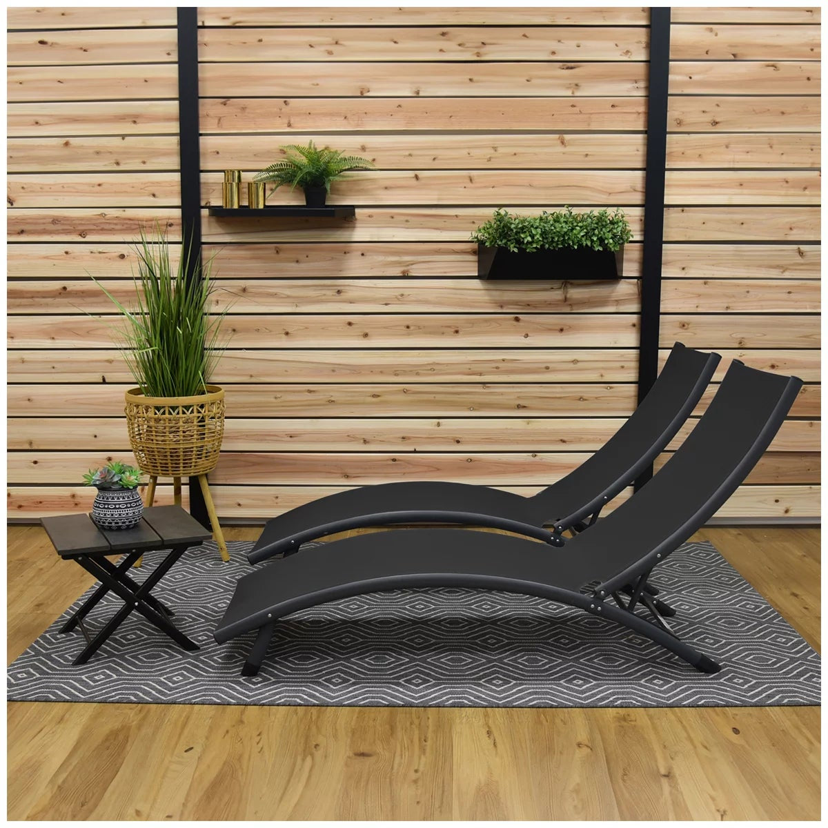 Vivere Coral Springs Chaise Lounge Set 2 Chairs+ Side Table Black 5 Position