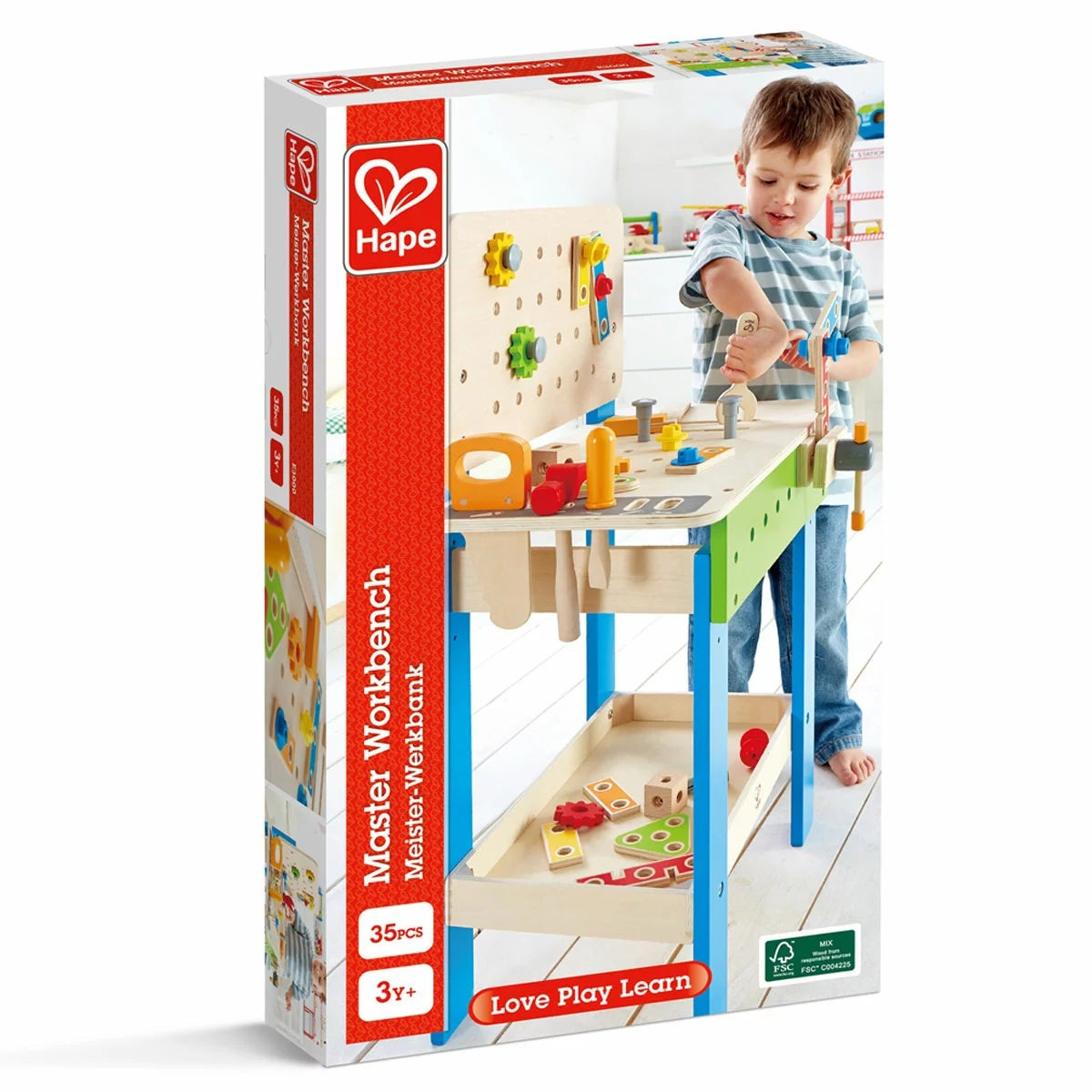 Hape Wooden Kids Workbench 35pc Tool Set Hammer Saw Screwdriver 3+ Years