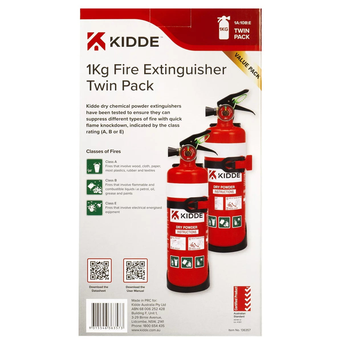 Kidde Fire Extinguisher 1kg Twin Pack 1A:10B Fire Safety Emergency Protection