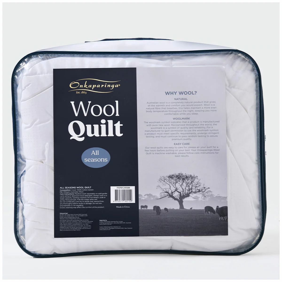 Onkaparinga All Seasons Wool Quilt King 240x210cm Australian Wool Cotton Cover