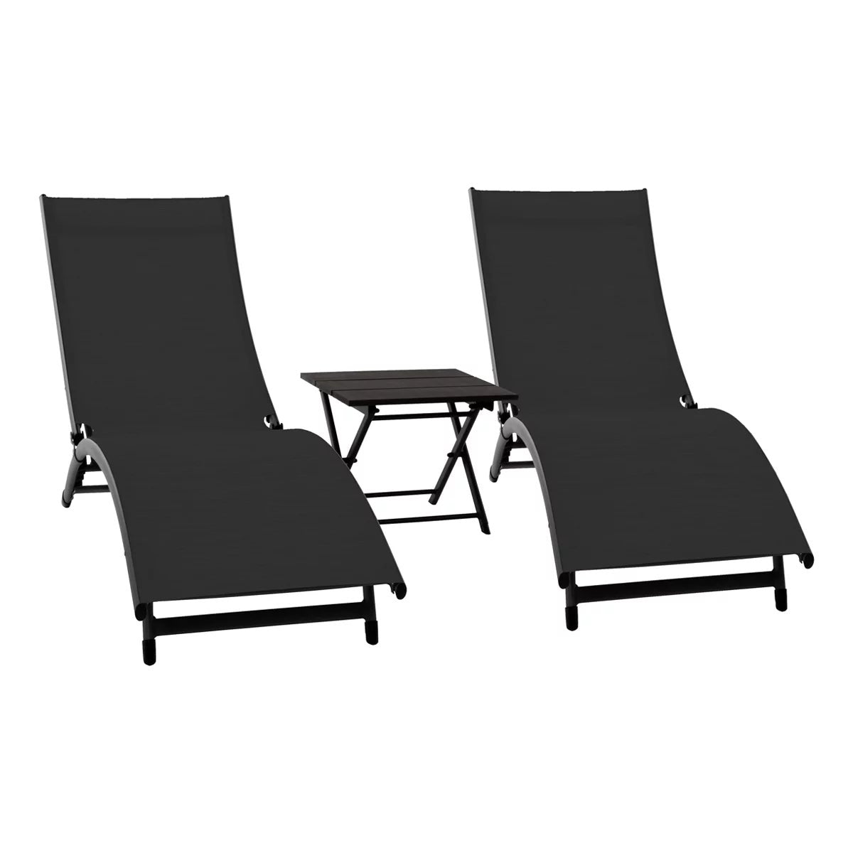 Vivere Coral Springs Chaise Lounge Set 2 Chairs+ Side Table Black 5 Position