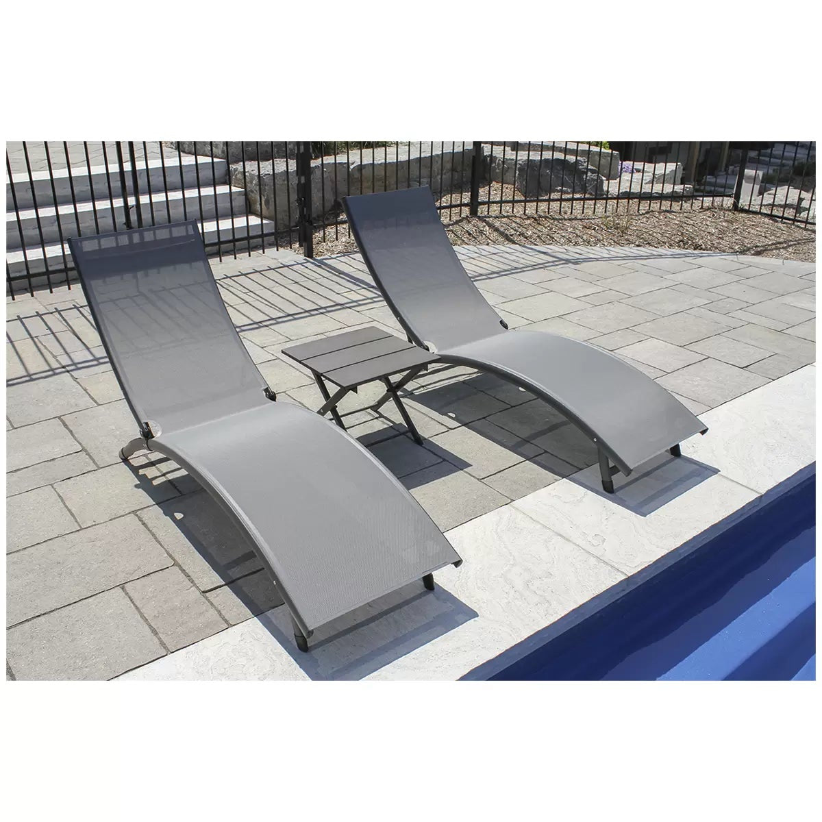 Vivere Coral Springs Chaise Lounge Set 2 Chairs+ Side Table Dark Grey 5 Position